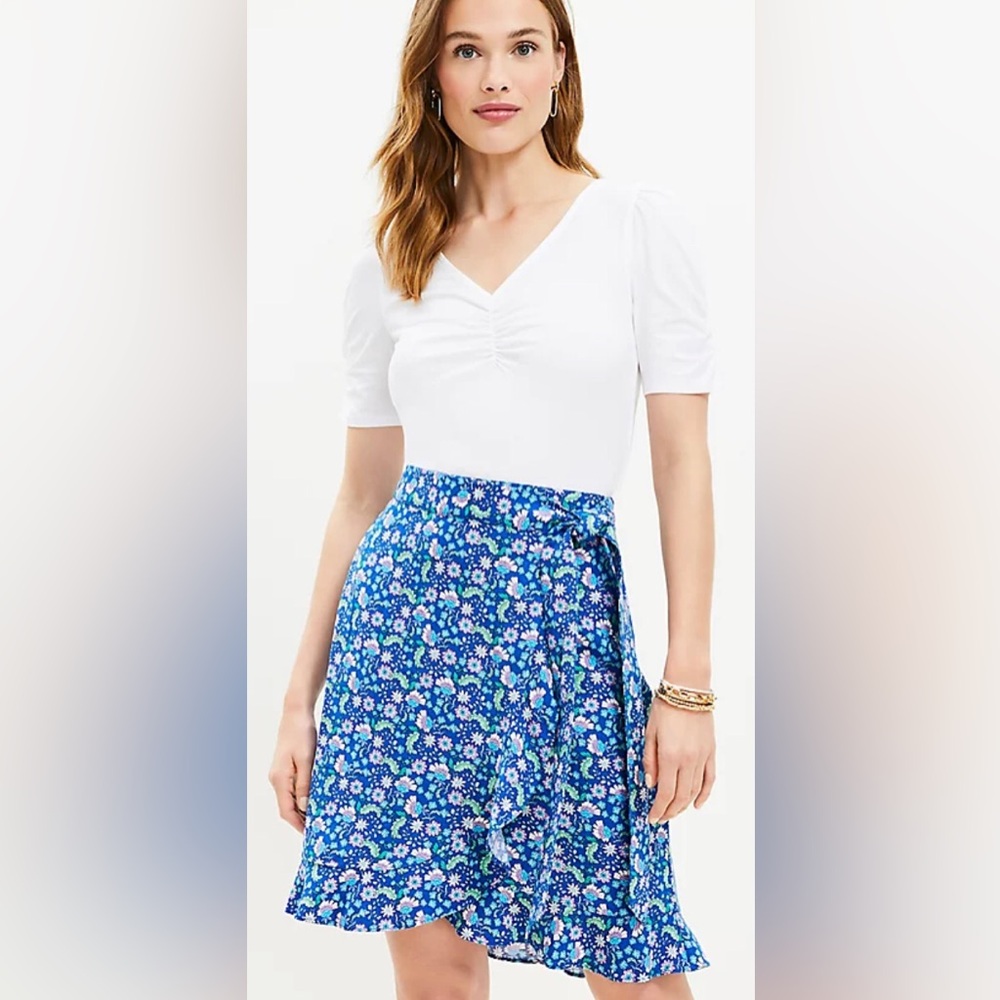 NWT Loft Petite blue Floral Ruffle Wrap Skirt size 2 petite